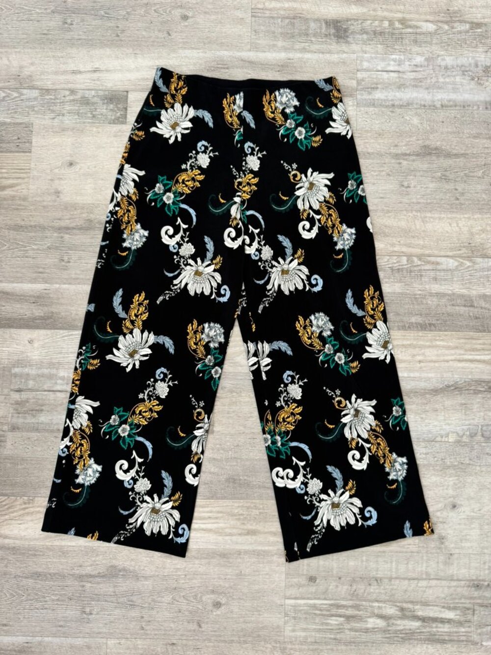 Boston Proper Black Floral Wide Leg Flowy Pull On Pants Size Large J17